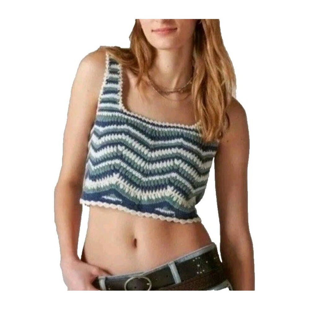 Lucky Brand Women's Crochet Tank Top Size Large Blue Multi Stripe 100% Cotton